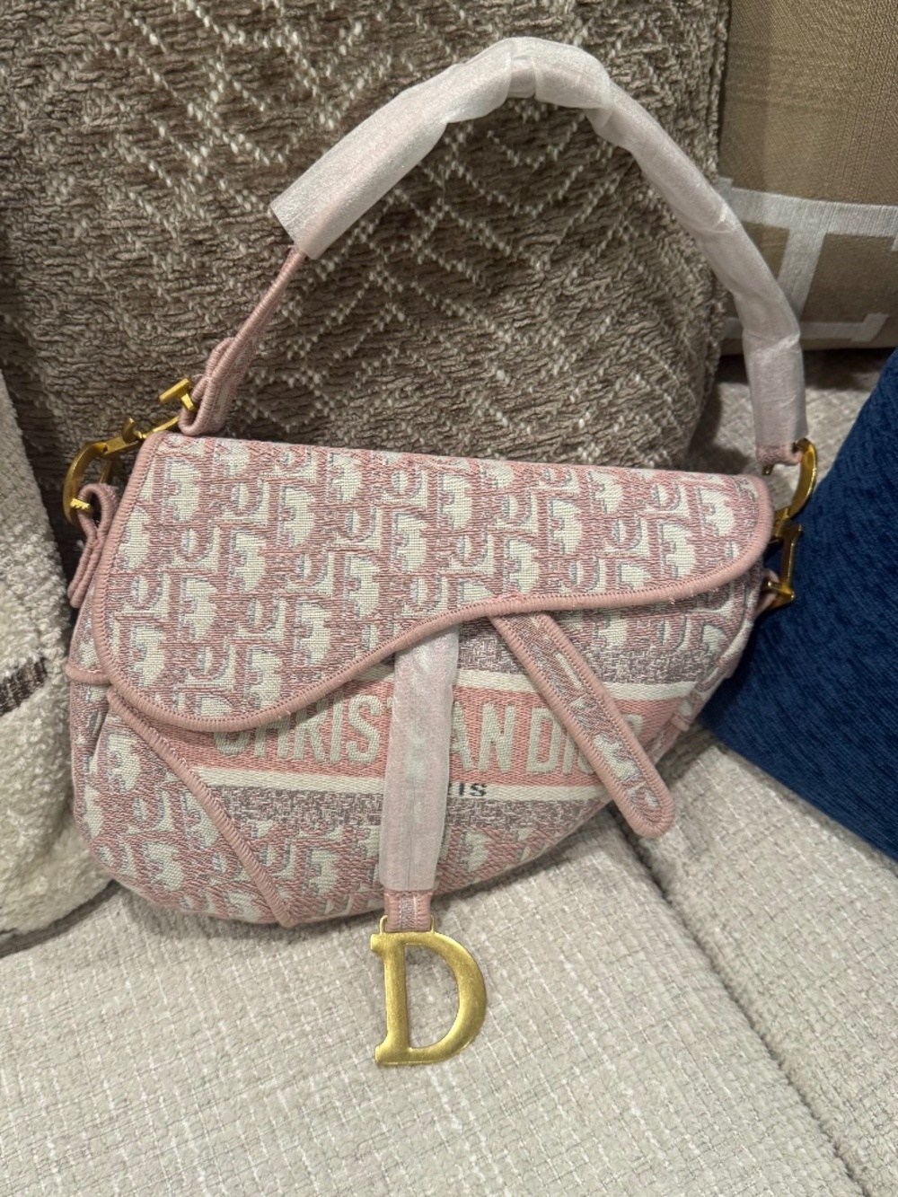 Dior Pink and Cream Saddle Shoulder Bag with 'D' Charm